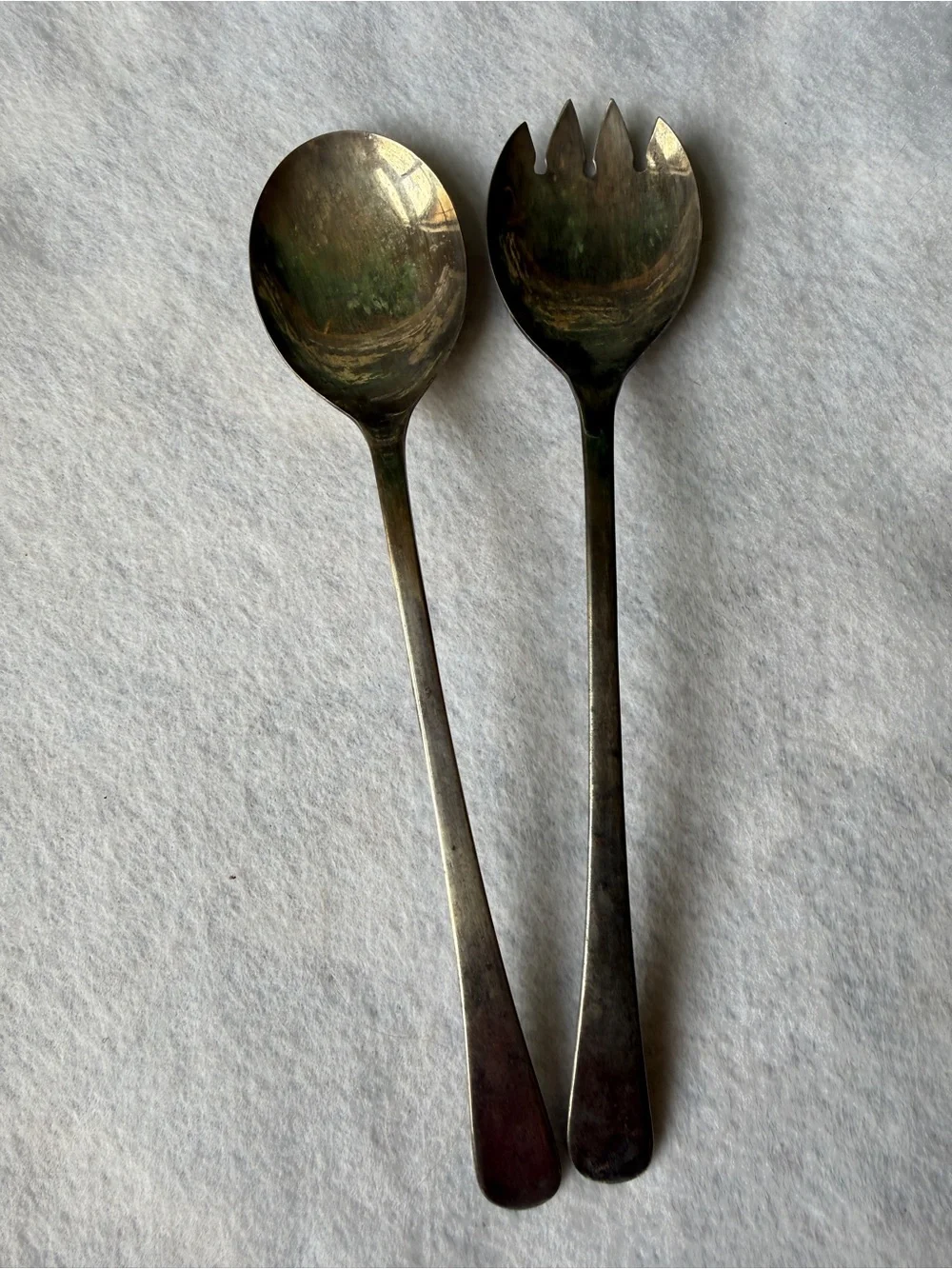 Sheffield England Silver Plated Salad Serving Spoon Fork Set Vintage Patina 9 In
